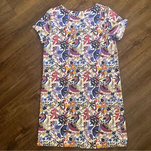 Jude Connally Ella Shift Dress Bird Floral Print Travel Stretch Knit M Blue Red